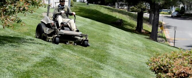 Image of Premium employee mowing a lawn.